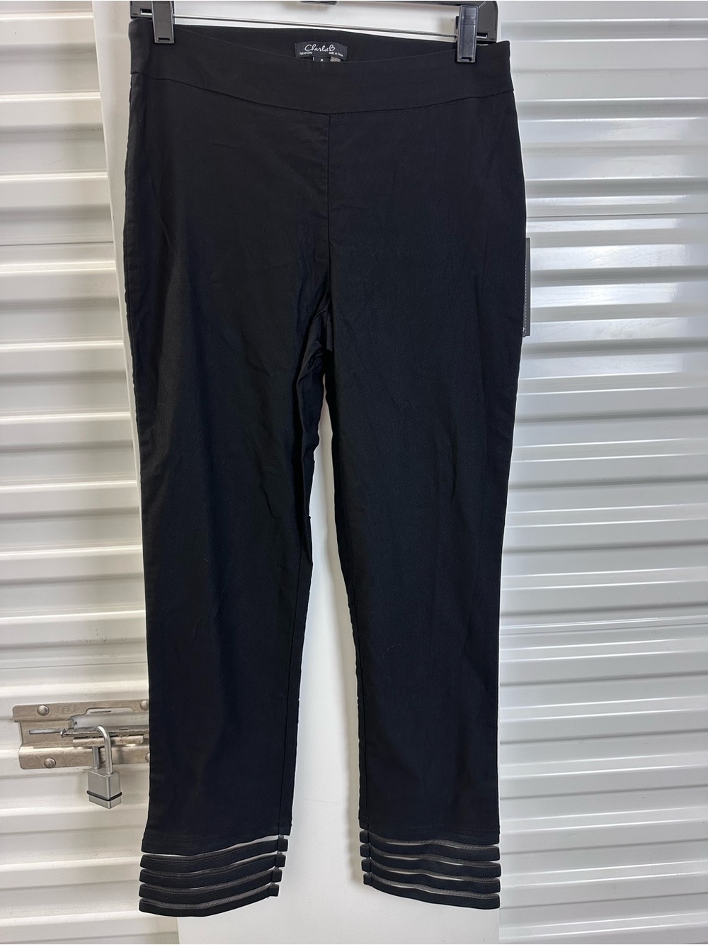 CHARLIE B Black Stretch Ankle Pants with  Mesh Hem